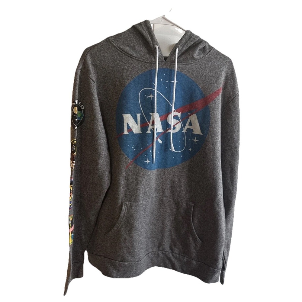 NASA Logo Buzz Aldrin Hoodie Men Large Gray Long Sleeve Missions Apollo Vintage